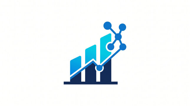 Abstract financial growth chart logo design featuring blue bar graphs linked with digital network nodes with integrated connected network professional blue gradient