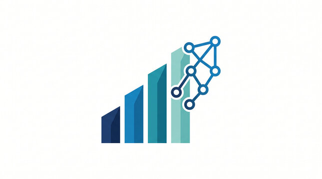 Professional business growth chart icon with displays minimalist graphic logo featuring bar chart rising towards connected network nodes clean white background