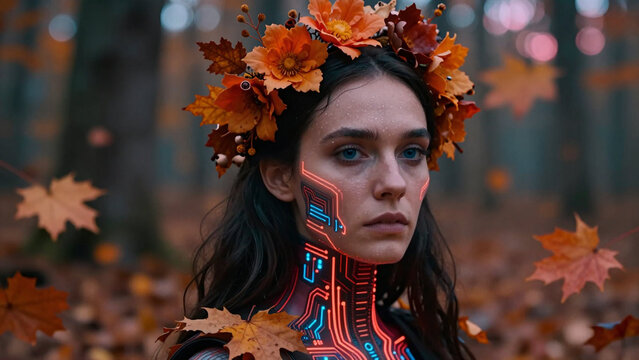 Cybernetic woman with autumn floral crown and glowing circuit patterns in forest