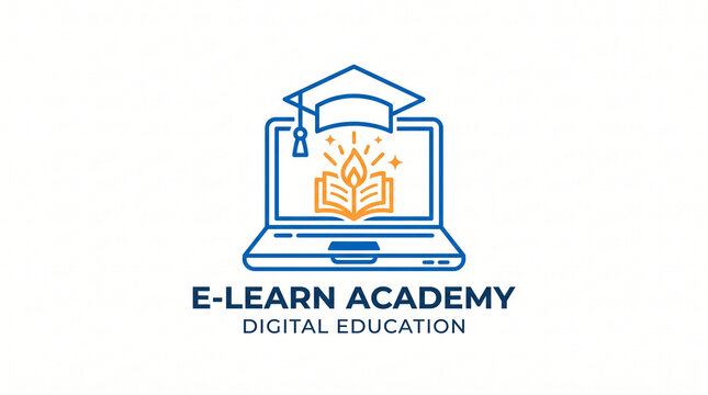 Minimalist digital education logo featuring laptop graduation cap and open book with glowing flame icon with representing online learning showcases clean flat
