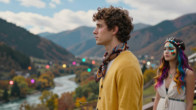 Couple overlooking vibrant autumn mountain valley with colorful landscape