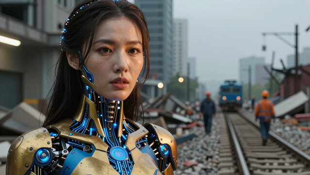 Cybernetic humanoid robot with glowing blue circuits in urban railway construction setting
