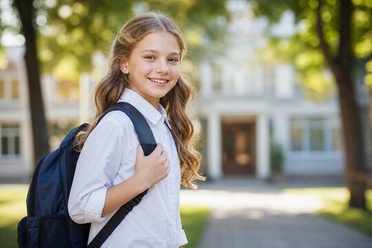 Smiling girl with backpack outdoors on a school campus, portrait style, bright daylight, youth energy, education theme, everyday preparation.