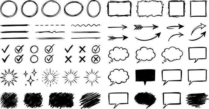 Hand drawn doodle element set, black ink sketch arrows and speech bubbles, charcoal texture frames and lines on white background