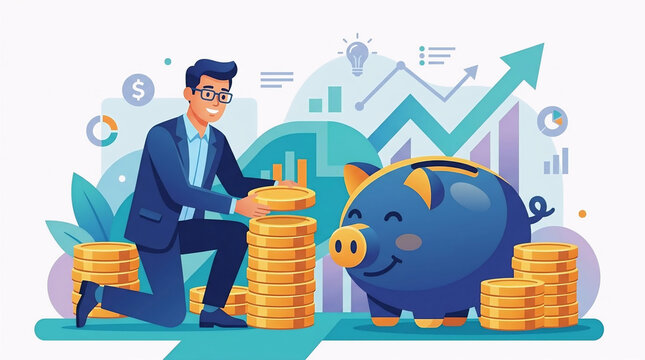 Pengusaha Mengumpulkan Koin Emas di Samping Celengan Babi, Konsep Investasi Sukses dan Perencanaan Keuangan Bisnis
