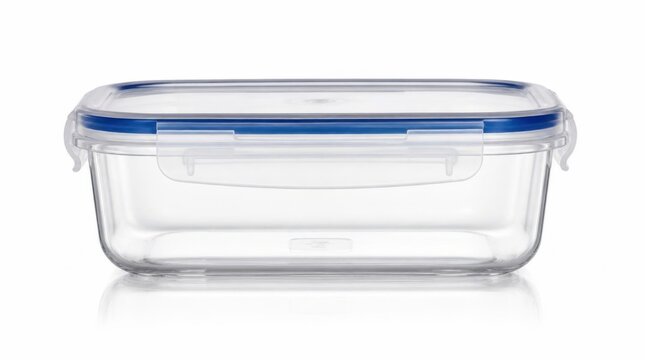 Transparent rectangular food storage container with a vibrant blue secure latching lid, perfect for organizing pantry shelves and refrigerator drawers, offering practical kitchen organization