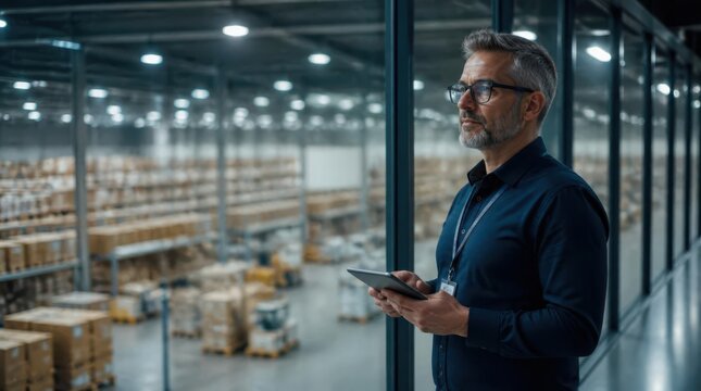 Mature businessman in smart casual attire wearing glasses and holding a tablet while surveying a vast, well-organized distribution center filled with many shelves and numerous packages