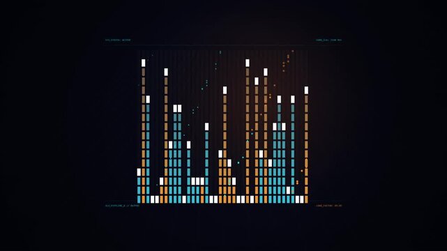 Futuristic digital audio equalizer visualizer HUD interface displaying moving bars and frequency spectrum