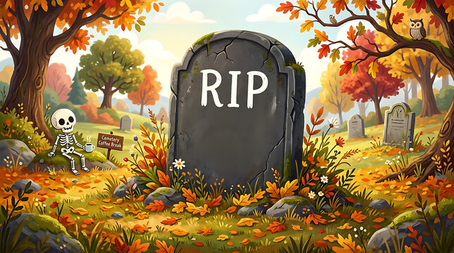Old tombstone with rip in autumn forest