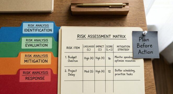 Risk Assessment Matrix Document with Planning Tabs and Pen on Wooden Desk