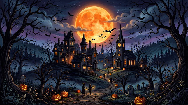 Halloween haunted castle under a full moon with pumpkins