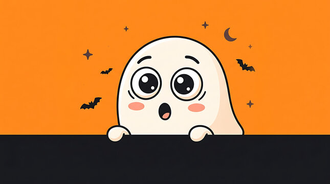 Scared cartoon ghost floating in orange space