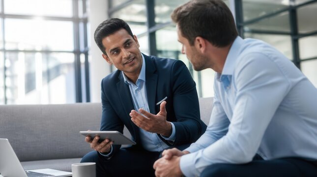 Two professional business colleagues engaged in an earnest discussion, one gesturing with an open palm while holding a tablet, the other attentively listening, conveying collaboration