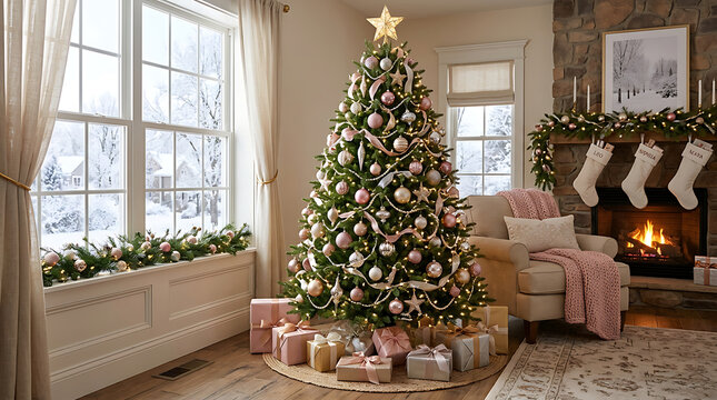 Beautiful decorated christmas tree in cozy living room