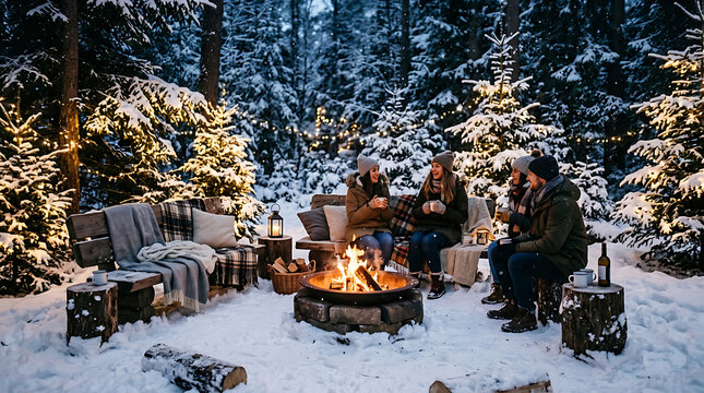 Cozy fire pit with string lights in snowy forest