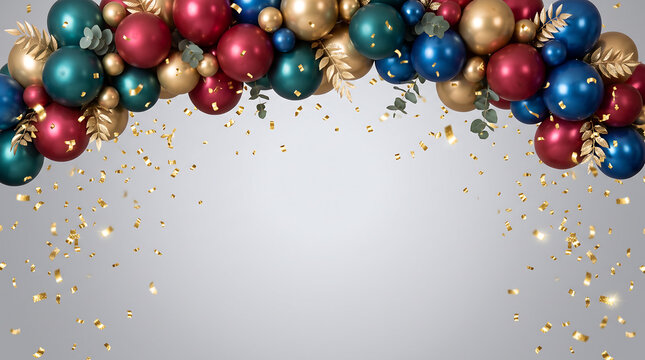 Elegant festive arch of colorful balloons in red, gold, blue, and teal with golden leaves and sparkling confetti on a light grey background.