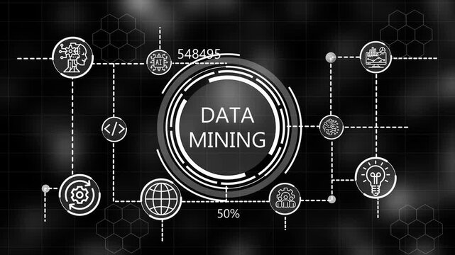  A glowing icon, and manufacturing process DATA mining all connected in a digital circuit like pattern. dark tech setting shows smart technology,  interface, marketing strategy.