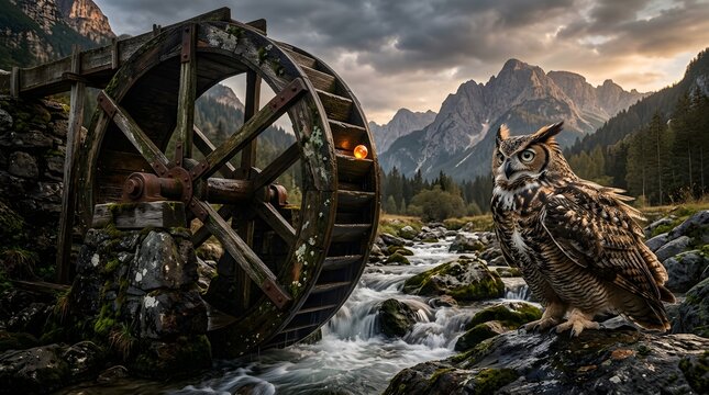 Eurasian Eagle Owl Beside a Rustic Watermill in an Alpine Mountain Valley
