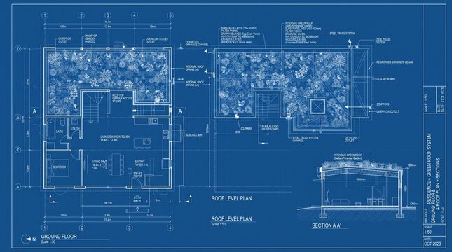 Green roof system architectural plan and section
