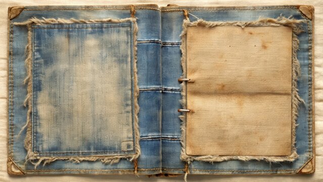 Vintage denim scrapbook with worn pages and frayed edges