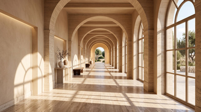 Travertine architectural corridor with arches. Luxury hallway interior with natural sunlight.