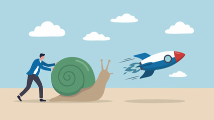 A businessman in a blue suit pushes a slow green snail that is transforming into a fast rocket, symbolizing innovation and business strategy concept © Sharmin