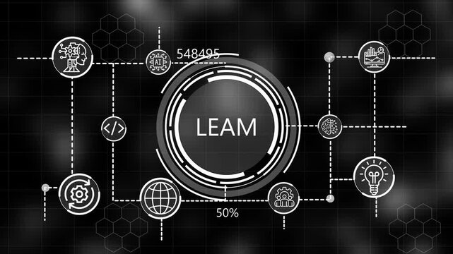  A glowing icon, and manufacturing process LEAM all connected in a digital circuit like pattern. dark tech setting shows smart technology,  interface, marketing strategy.