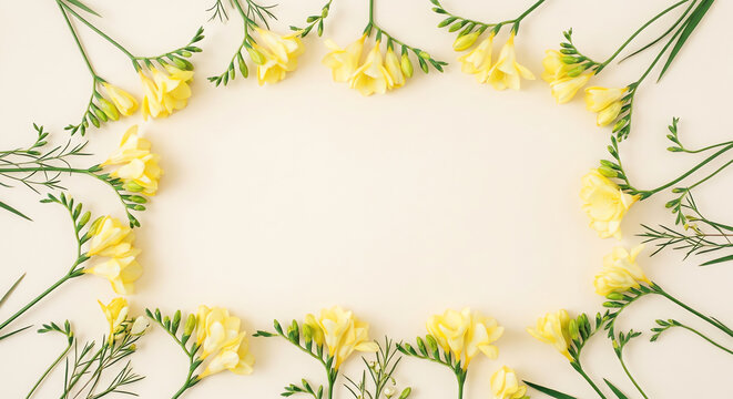 Yellow Freesia Flower Frame with Greenery