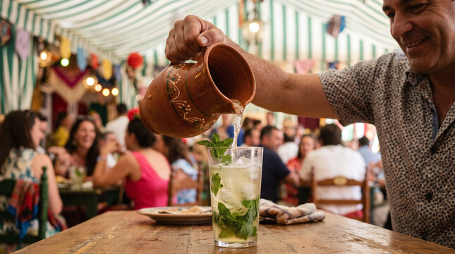 Pouring traditional rebujito drink from a clay jug at Feria de Abril caseta