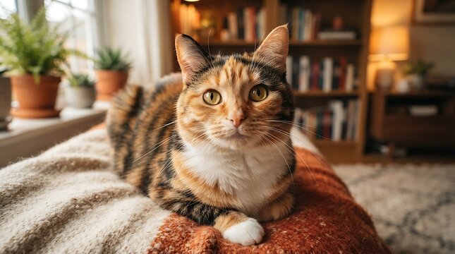 A beautiful calico cat resting on a soft blanket at home.