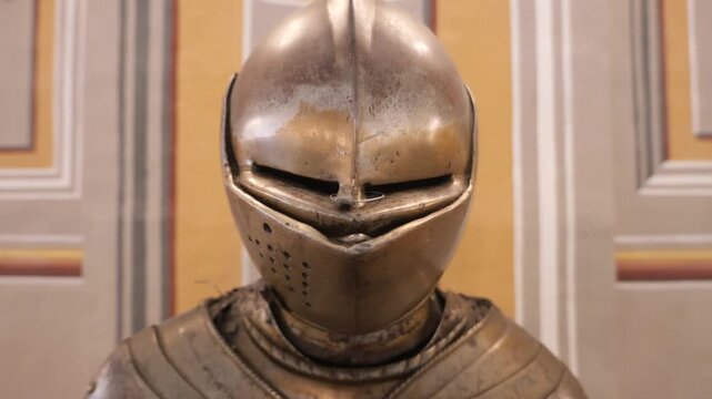 steel close helm bust palace armoury grand master's palace valletta ridged visor knight's helmet painted panel wall backdrop armor display case knights of malta armoury exhibit order of st john malta
