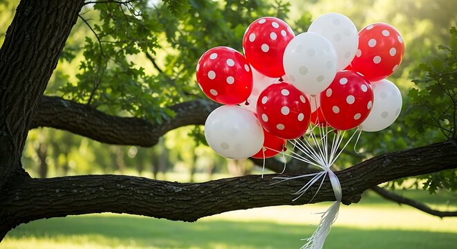 A vibrant bunch of spotted red and white latex spheres hangs gracefully from a sturdy tree limb during a sunny afternoon outdoors, creating a cheerful atmosphere for a festive birthday