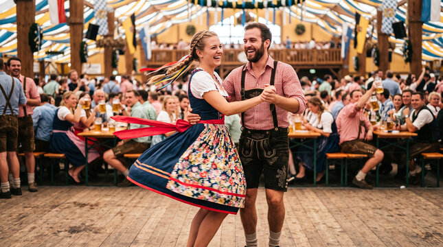 Bavarian couple in traditional dirndl and lederhosen dancing at Oktoberfest