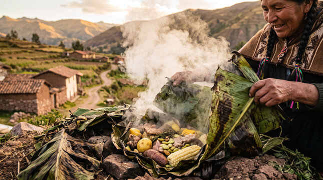 Peruvian woman opening a steaming Pachamanca earth oven in the Andes