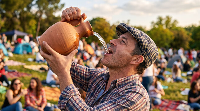 Man drinking from a traditional clay botijo jug at San Isidro festival