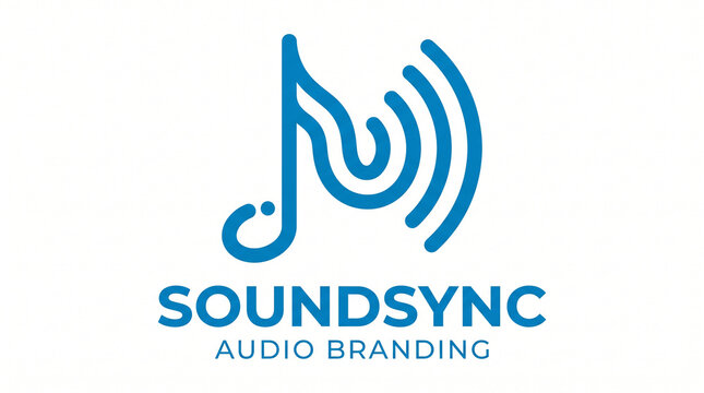 Minimalist blue musical note icon merged with sound wave lines for creative audio branding identity with design combining musical symbol radiating sound