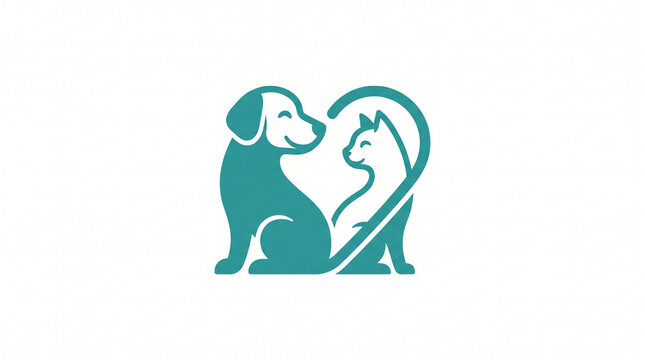 Teal minimalist pet care logo featuring a dog and cat forming a heart shape symbol with silhouette positioned create clean white background with displays minimalist