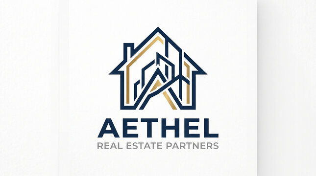 Minimalist real estate logo design featuring geometric house shape with elegant blue with outline integrated architectural displays professional real