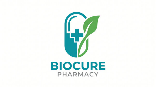 Minimalist medical capsule icon with organic leaf element for natural healthcare with professional logo featuring capsule combined green clean white background