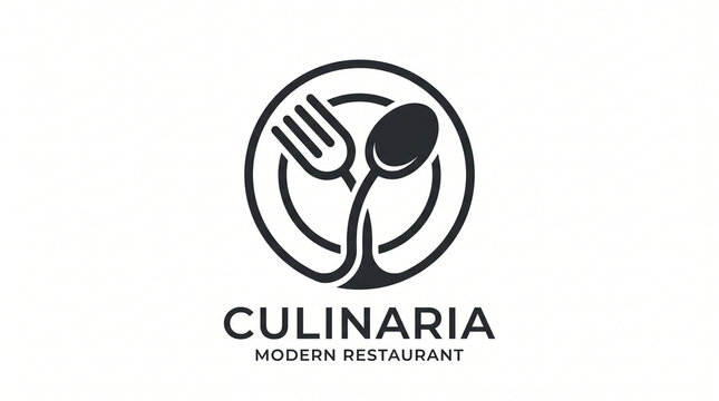 Minimalist restaurant branding logo featuring stylized cutlery icons inside circular plate design element with silhouette integrated circular