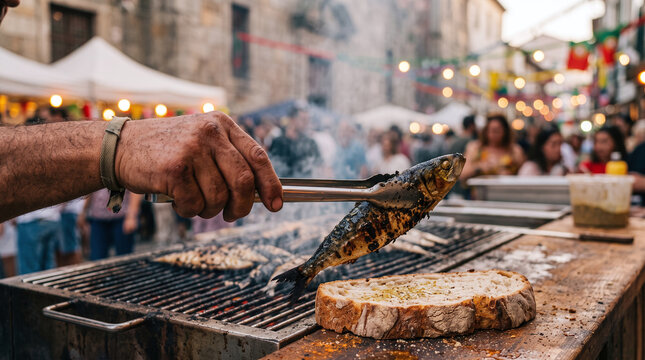 Grilled sardine served on rustic bread during Sao Joao festival in Porto