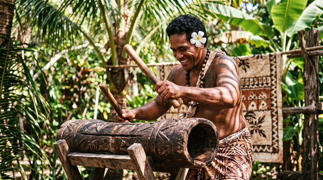 Happy Polynesian man playing a traditional Tahitian Toere wooden slit drum
