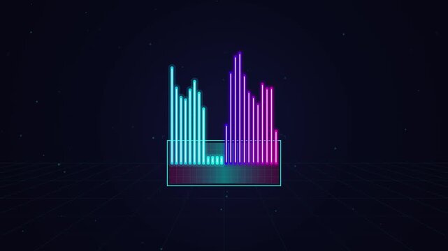 Glowing neon audio equalizer visualizer pulsing rhythm on dark grid background