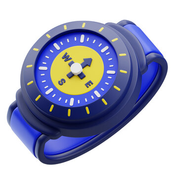 Blue digital sports watch with yellow clock face and rotating bezel isolated on transparent background