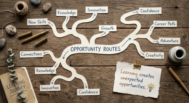 Opportunity Routes Mind Map Illustrating Innovation Growth and Knowledge Paths on Wood