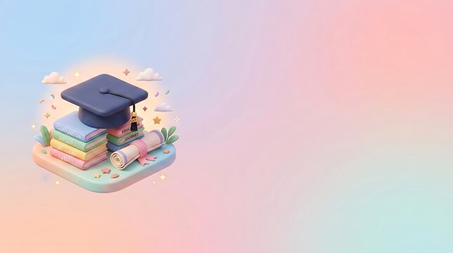 3D isometric illustration of graduation cap with books and diploma, pastel clay render education concept
