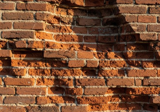 Close-up of an old weathered brick wall with crumbling mortar and damaged bricks, showing texture and decay.