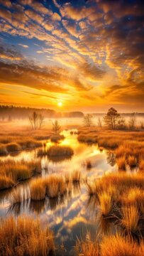 Serene Sunrise Over Marshland with Golden Grass and Colorful Sky