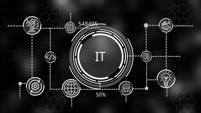  A glowing icon, and manufacturing process IT all connected in a digital circuit like pattern. dark tech setting shows smart technology,  interface, marketing strategy and digital advertising.