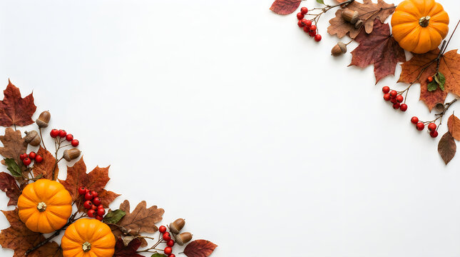 Decorative thanksgiving background featuring colorful autumn leaves and small pumpkins arranged in two opposite corner borders